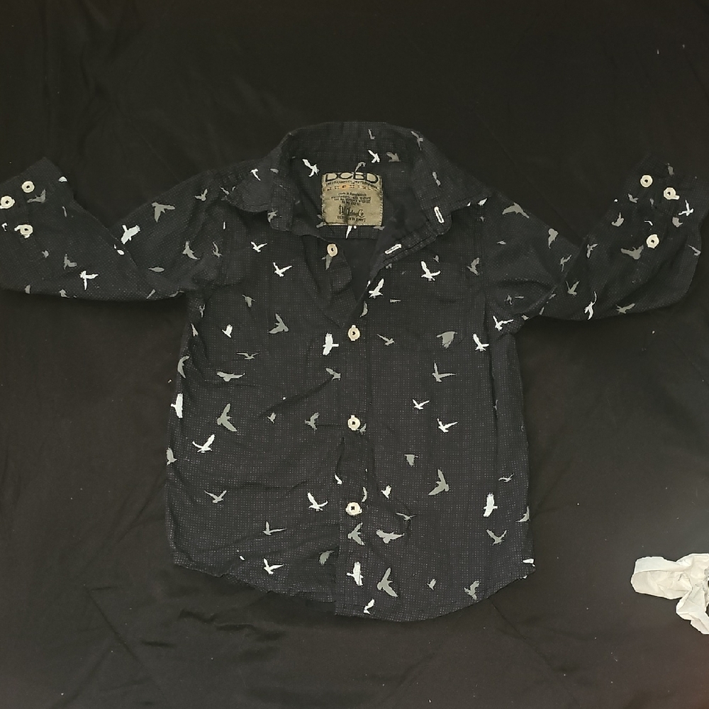 Black Button-Up Shirt with Bird Print